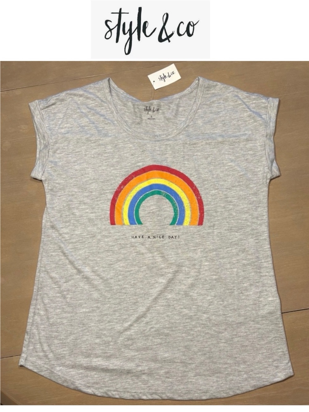6/$20 Style & Co. Heather Gray Rainbow Graphic Tee Small NWT